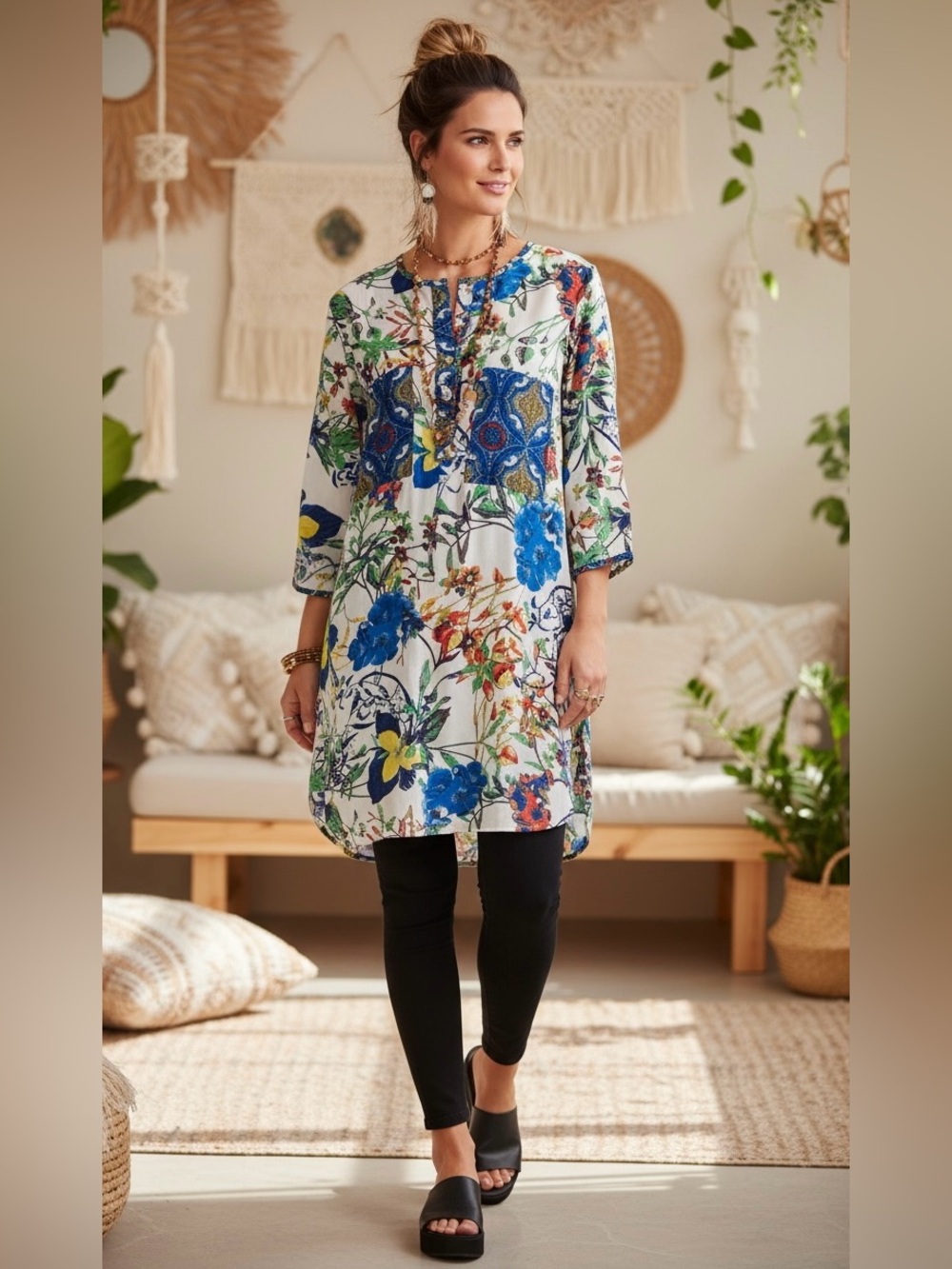 Fig and Flower Cream| Multicolor Blue floral print Tunic Dress Boho Chic Size M
